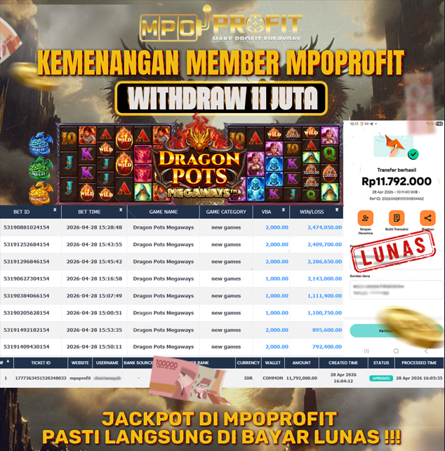 MPOPROFIT JACKPOT PRAGMATIC PLAY! KEMENANGAN MURNI DI (DRAGON POTS MEGAWAYS TOTAL Rp 11.792.000,- LUNAS)